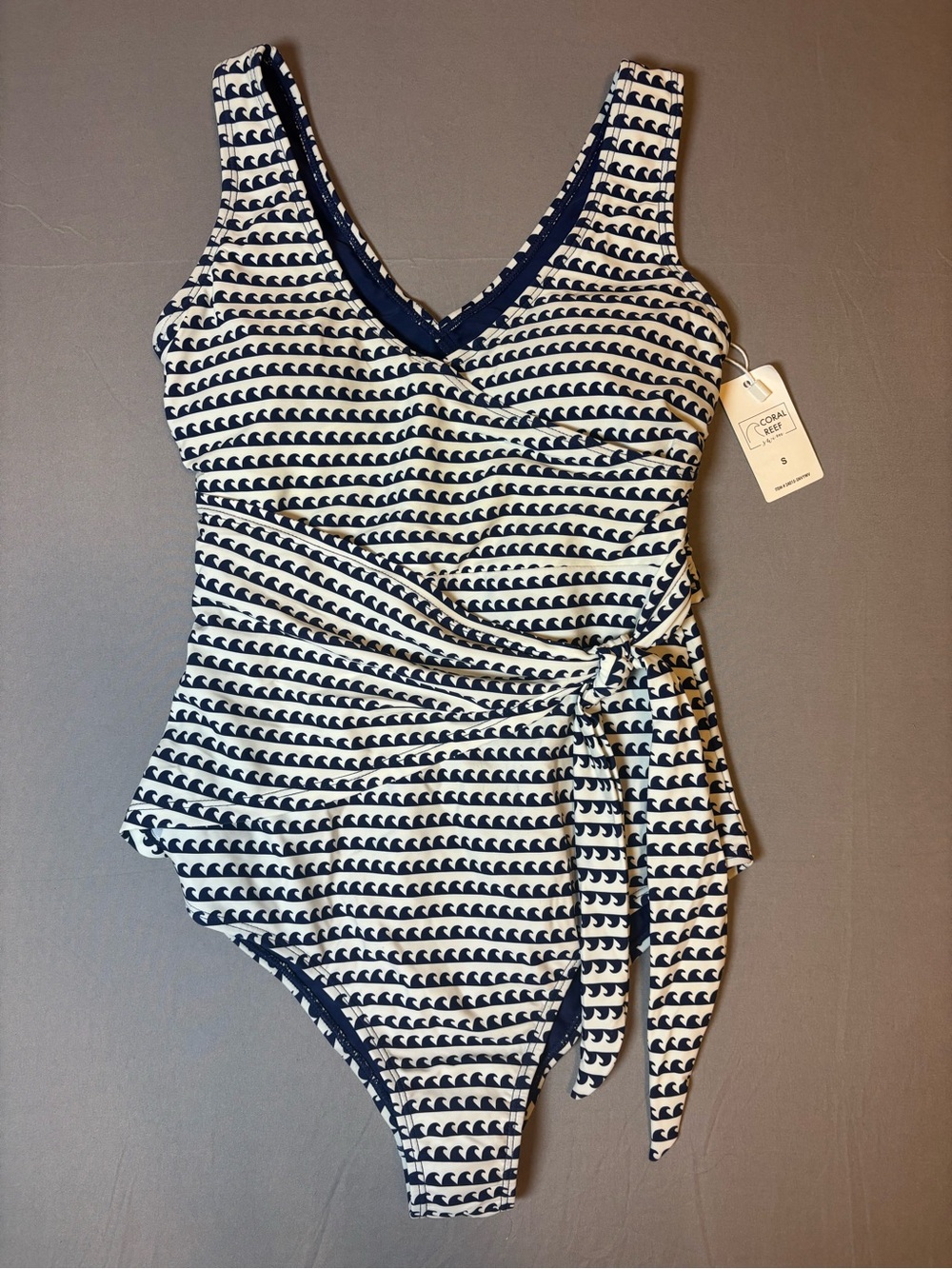 New with Tags Coral Reef Swim Navy and White Printed One-Piece Wrap Swimsuit